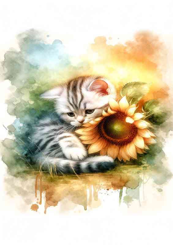 Kitten snuggling a sunflower | Di-Bond