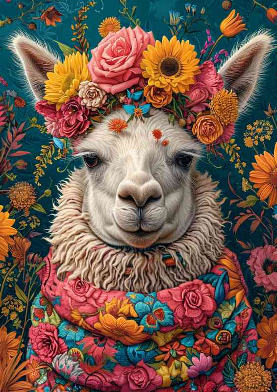LLama wearing a scarf and flowers | Canvas