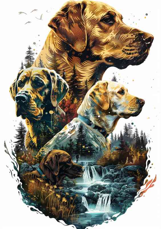 Labrador Dogs in the waterfall | Canvas