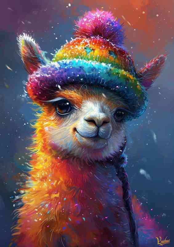 Llama with a cute coloured bobble hat on | Poster