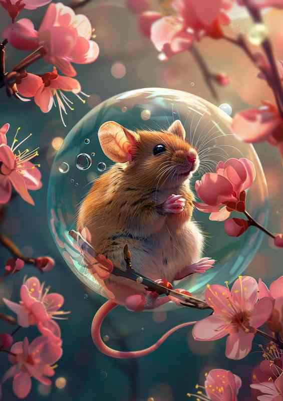 Mouse sitting in a bubble on pink flowers | Canvas