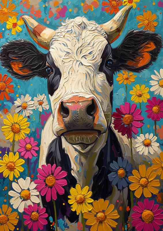 Painted cow and colourful flowers | Canvas