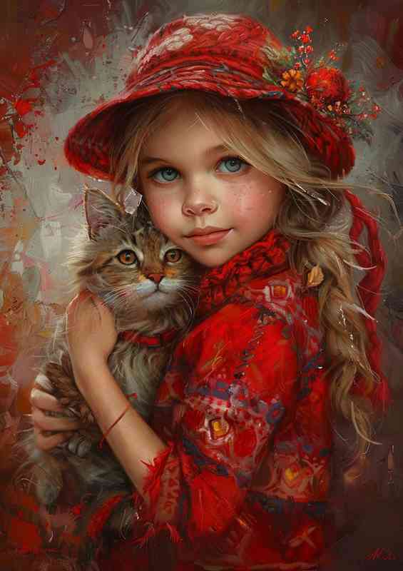 Painting of a little girl and a Cat | Di-Bond