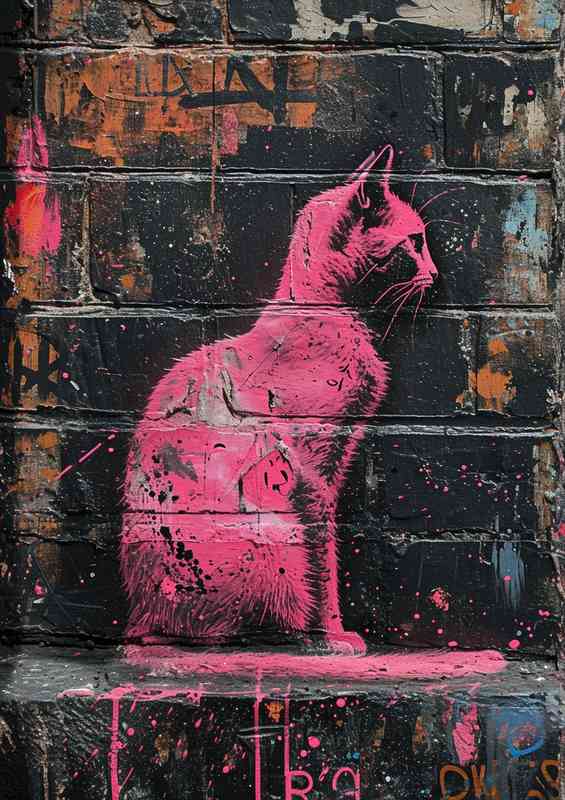 Pink cat sitting on the kerb art | Di-Bond