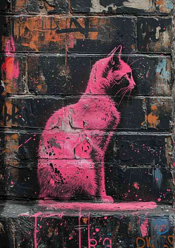 Pink cat sitting on the kerb art | Poster