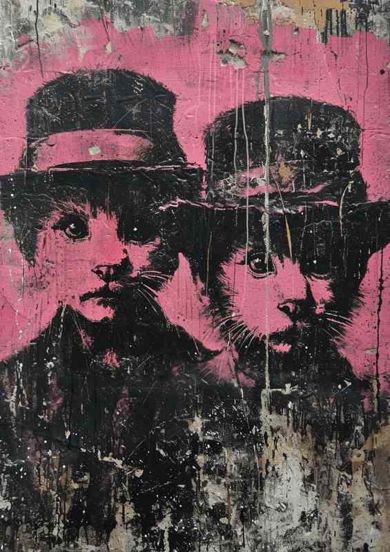 Pink cats with hats street art style | Canvas