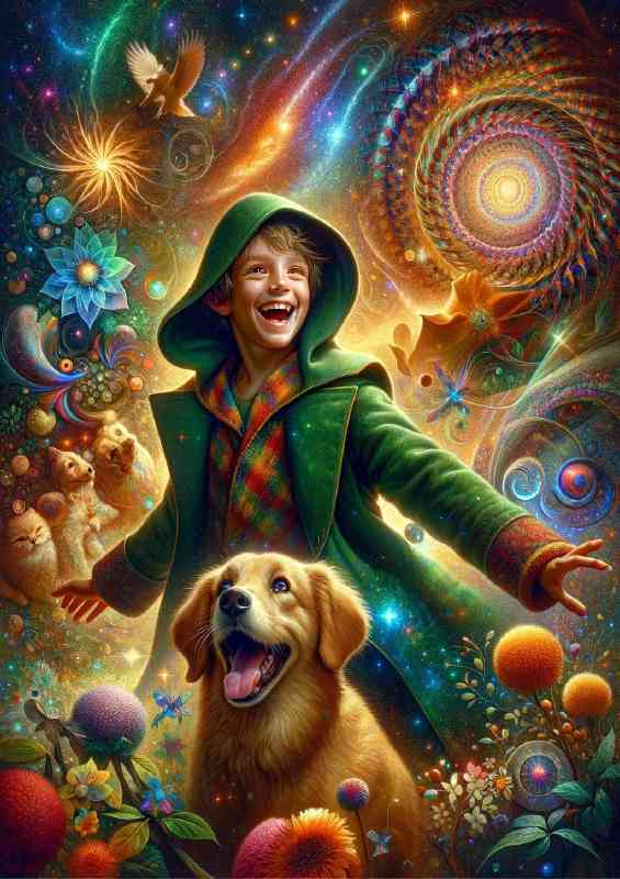 Playful dog with bright eyes and joyful boy | Canvas