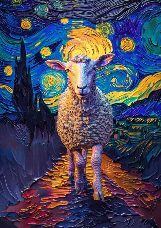 Sheep walking in a night with starry sky | Poster