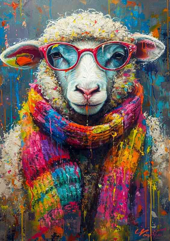 Sheep with the most amazing colourful scarf | Canvas