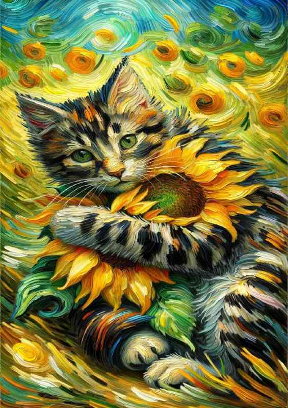 Tabby kitten embracing a large sunflower | Canvas