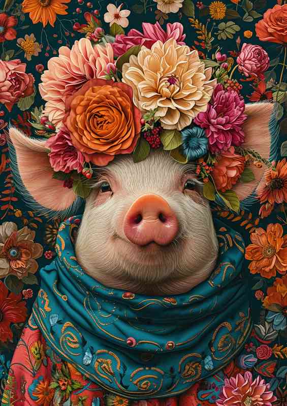 The pink pig in a colourful scarf | Canvas