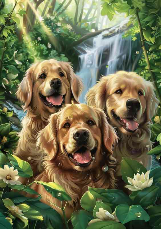 Three Golden retrivers in the waterfall forest | Di-Bond