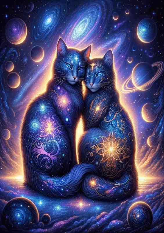 Two cats with celestial patterns on their fur | Poster