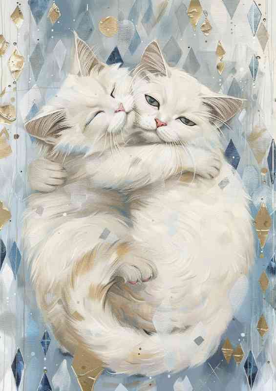 Two white cats hugging each other with their tails | Poster