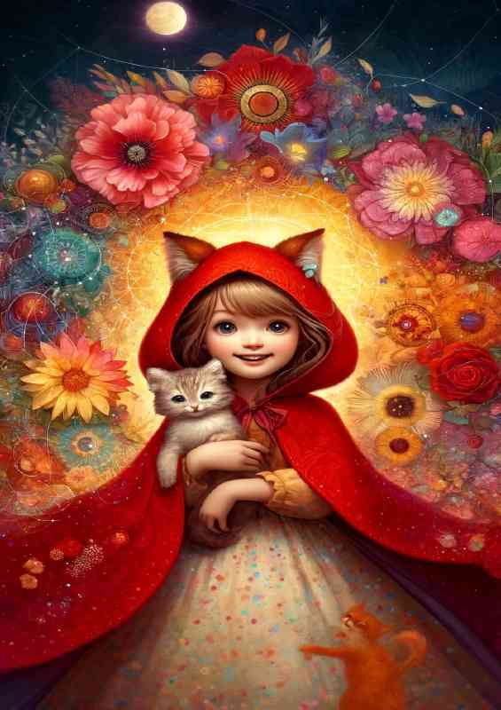 Wearing a vibrant red cloak with a hood and cat | Poster