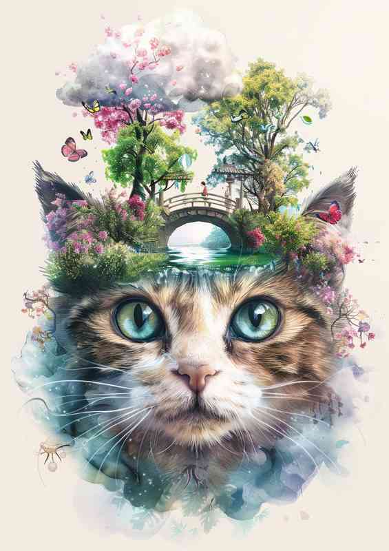Whimsical Cat face double exposure | Metal Poster