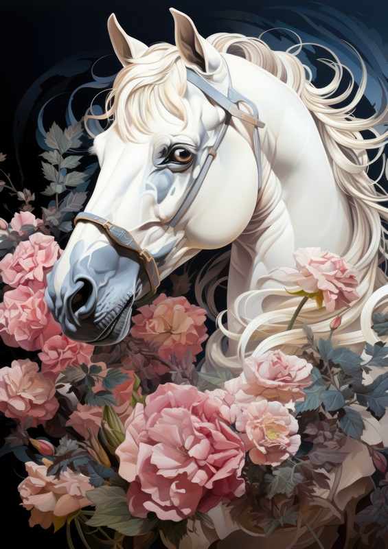 White Horse surrounded by flowers | Di-Bond