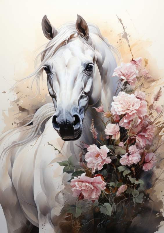 White horse and flowers | Di-Bond