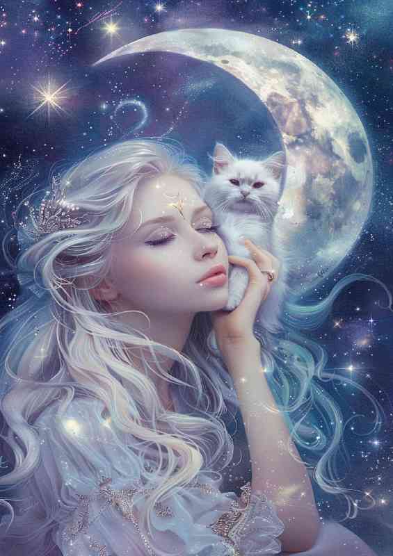 Woman with a white cat in the moon stars | Canvas