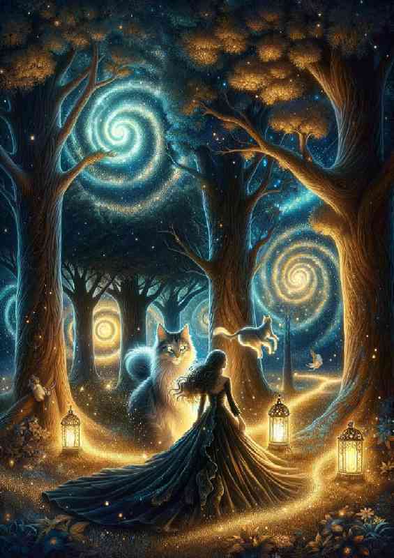 mystical forest at night filled with with luminescent leaves cat | Poster