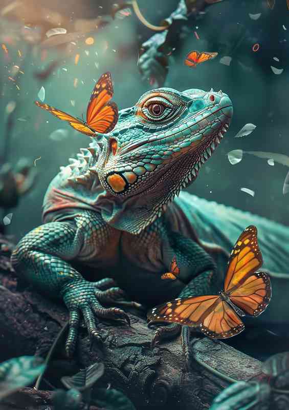 Big green lizard sits on a branch | Canvas