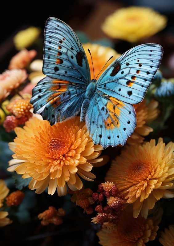 Blue Butterfly oon yellow flowers | Poster