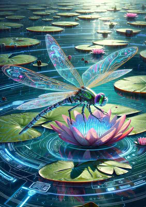Cyber enhanced dragonfly hovering over a digital water lily | Di-Bond