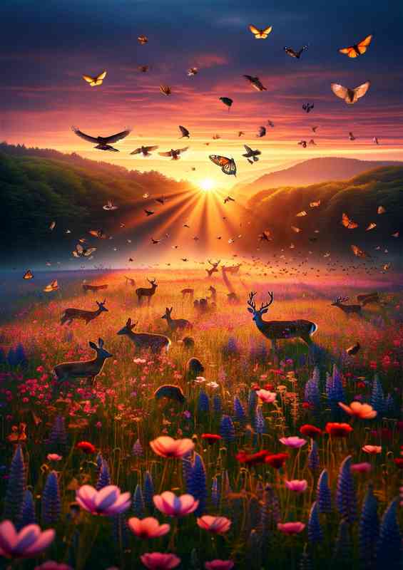 First light of dawn over a vast meadow blooming with wildflowers | Di-Bond