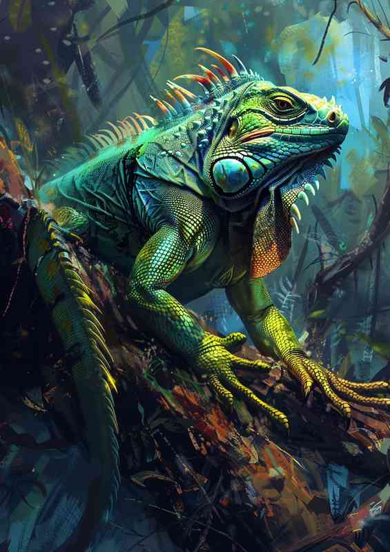 Green Iguana is perched on a branch in the woods | Poster