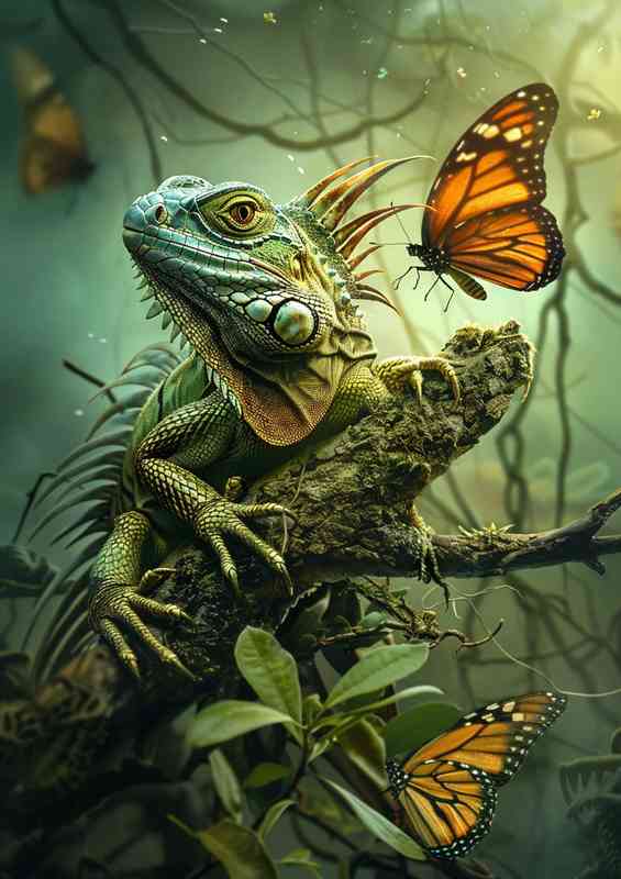 Green lizard sits on a branch with two butterflies | Canvas