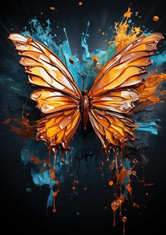 Orange butterfly with blue background splash | Metal Poster