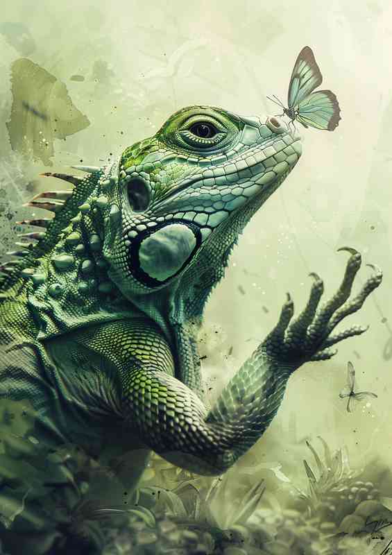Watercolor painting of a green Lizard with a butterfly | Poster