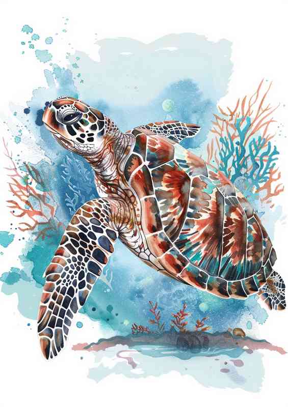 A brown and white sea turtle swimming in the ocean | Poster