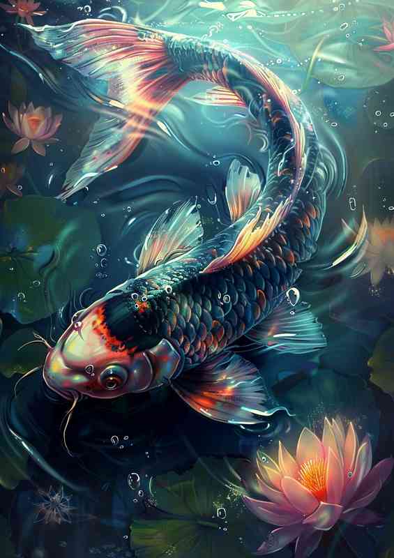 Beautiful water painting of a black Koi and Lillys | Poster