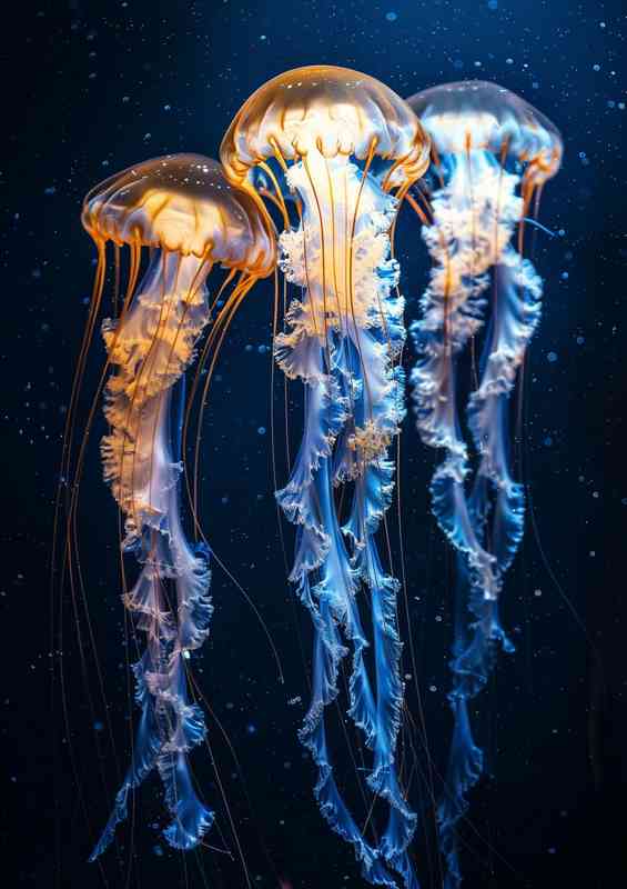 Dark sea jellyfish dance gracefully with golden glow | Poster