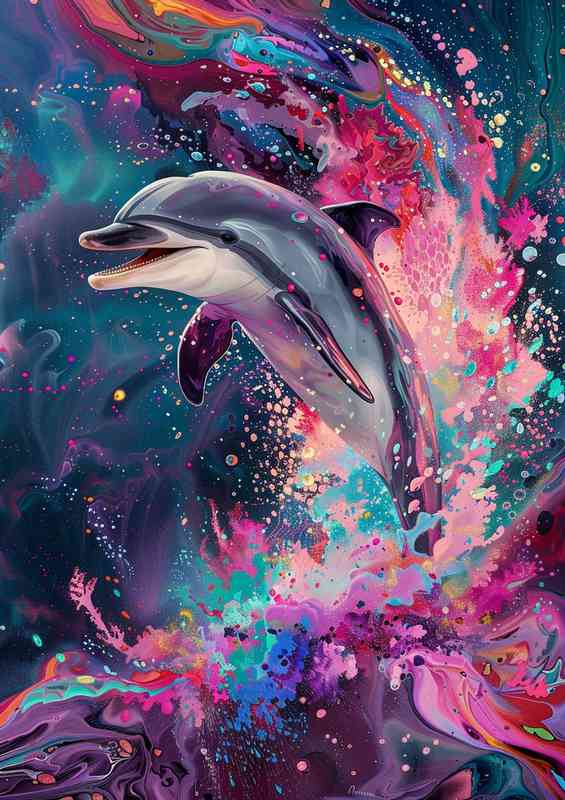 Dlophin the the ocean with pinks and purple colours | Metal Poster