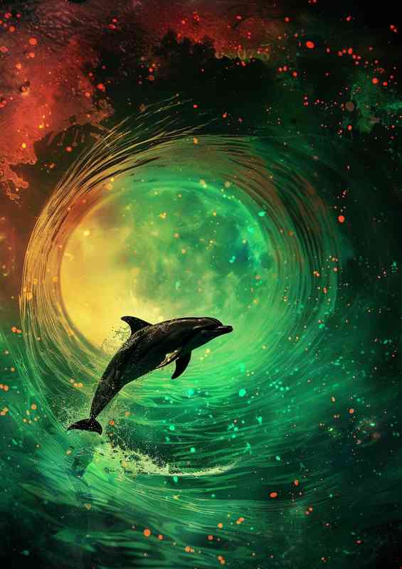 Dolphin flying through a green glowing tunnel | Poster