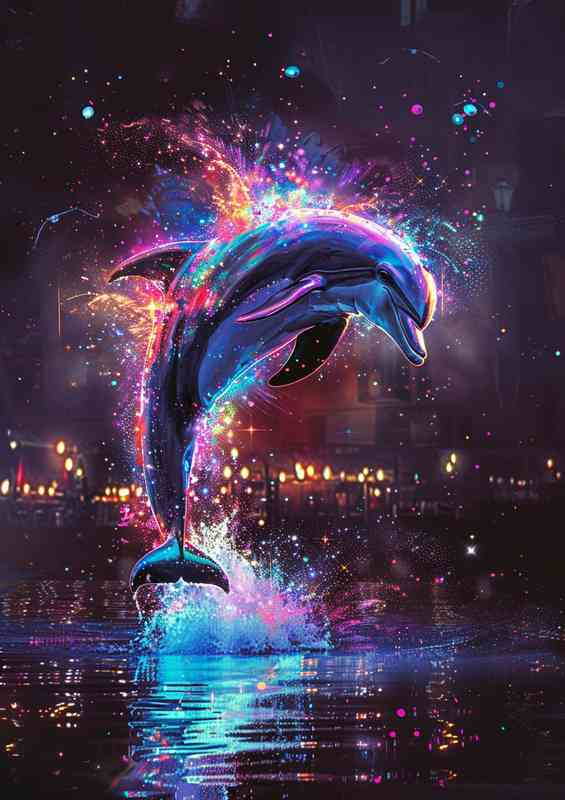 Dolphin is jumping into an ocean with colour splash | Canvas
