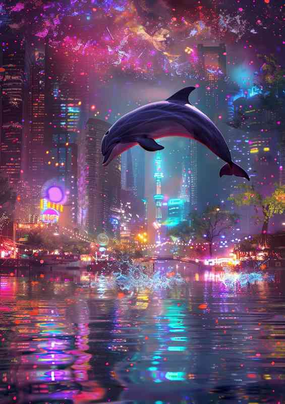 Dolphin is jumping with colorful lights | Metal Poster