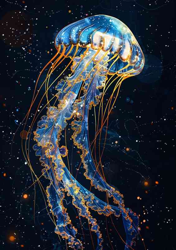 Jellyfish blue and gold lines dark Ocean | Poster