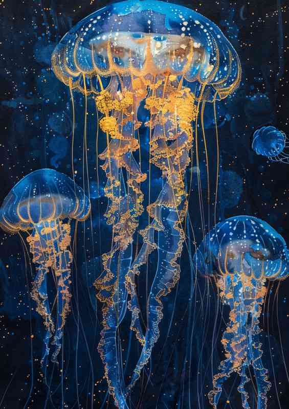 Jellyfish glowing blue and gold lines dark background | Poster