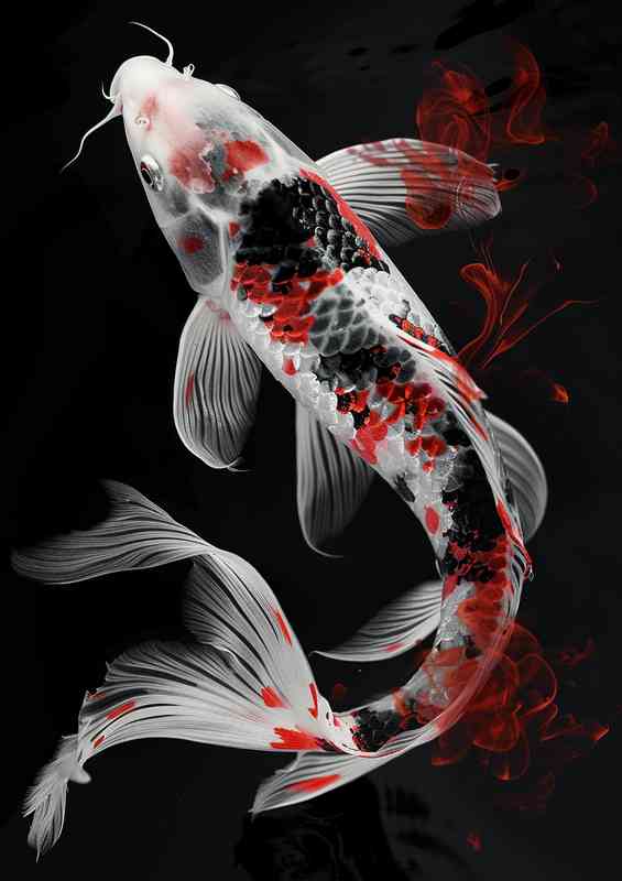 Koi japanese in stunning white red and black | Metal Poster