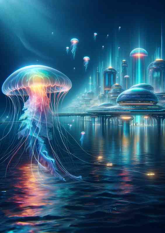 Neon jellyfish swimming in the depths underwater city | Metal Poster