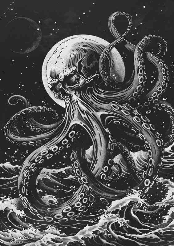 Octopus monster with tentacles is at the surface of the Sea | Metal Poster