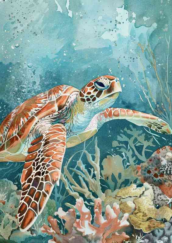 Sea turtle swimming on the ocean bed | Metal Poster