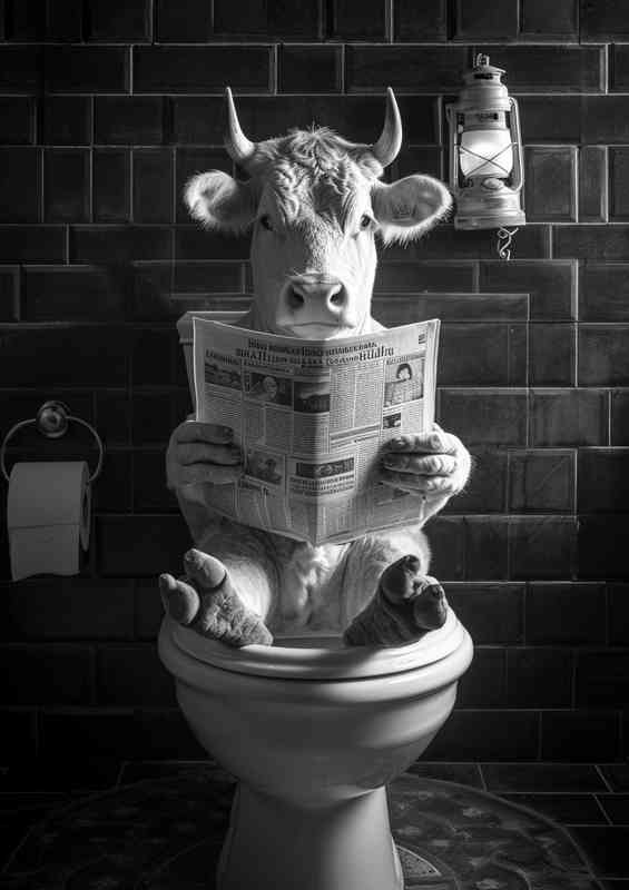 A Cow seated on a toilet with a newspape | Di-Bond