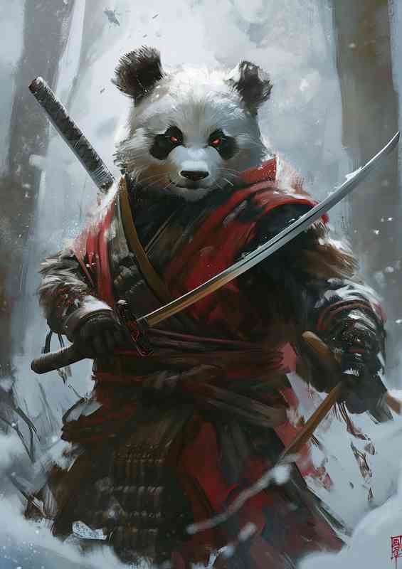 Asian panda bear holds two swords | Canvas