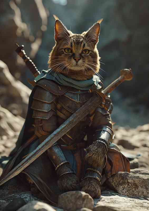 Cat in amour with two swords | Metal Poster