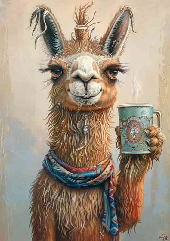 Cute Llama enjoys a cup of coffee | Poster
