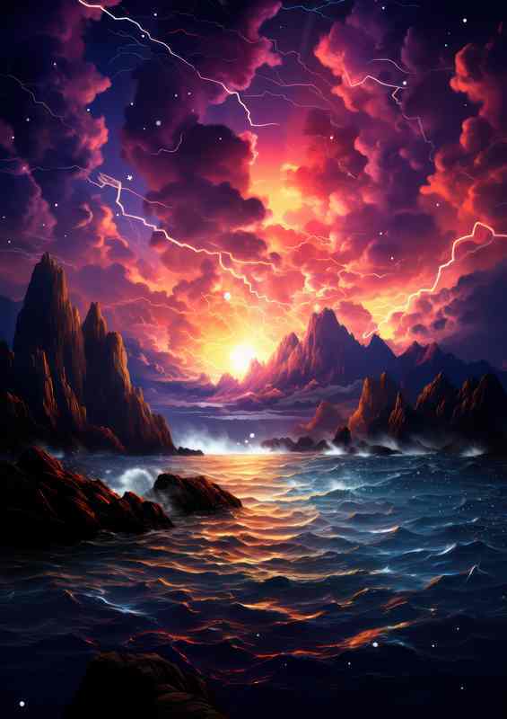 Landscapes of Fire and Fantasy over water | Canvas